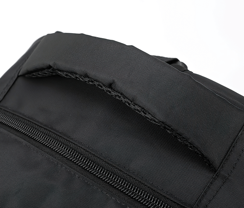 Close-up of the handle on a black sports backpack SF0808 with durable stitching and zipper detail